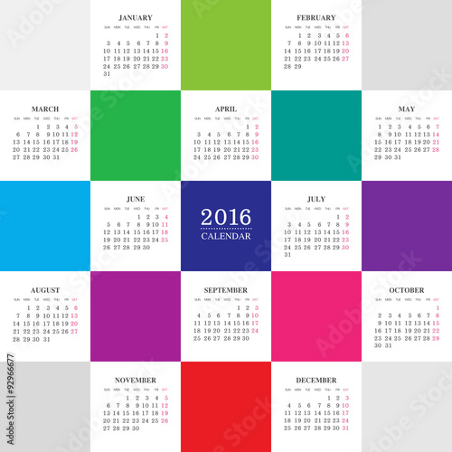 Calendar 2016 year with colored square