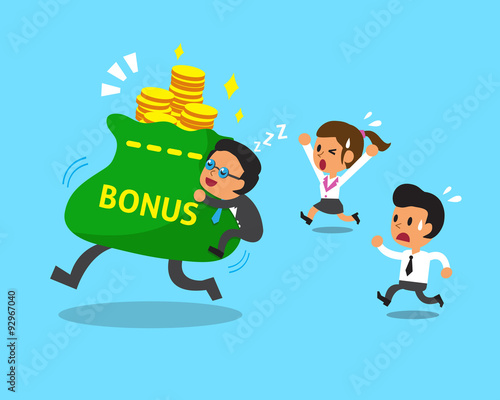 Cartoon business team and big bonus bag