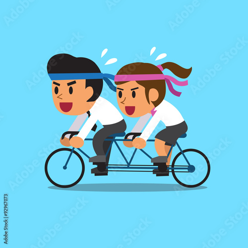 Cartoon business team ride tandem bicycle