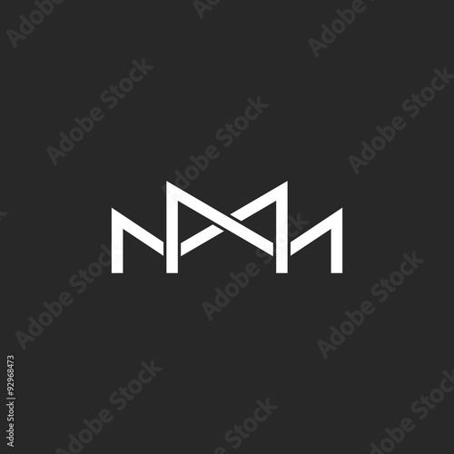 M logo monogram, two or three overlapping thin line letters, black and white mockup wedding invitation emblem