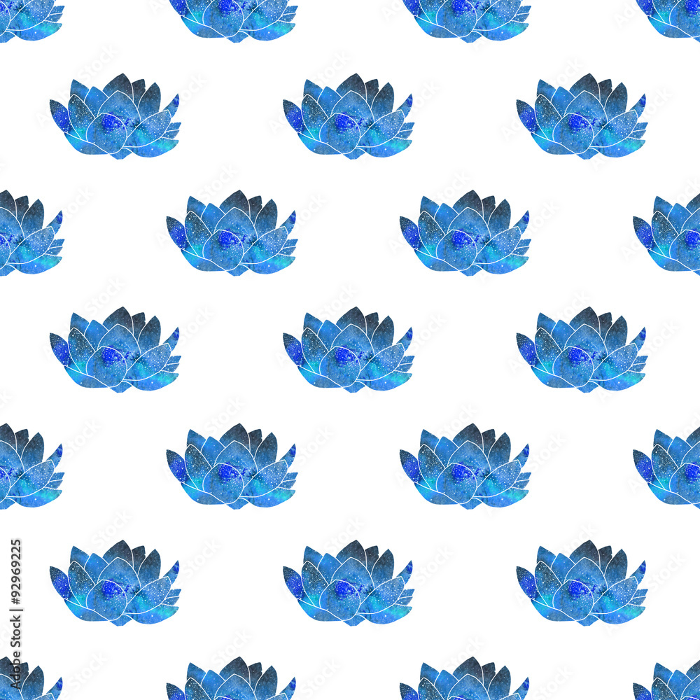 Blue lotus. Seamless pattern with cosmic or galaxy flowers. Hand Blue lotus. Seamless pattern with cosmic or galaxy flowers. Hand