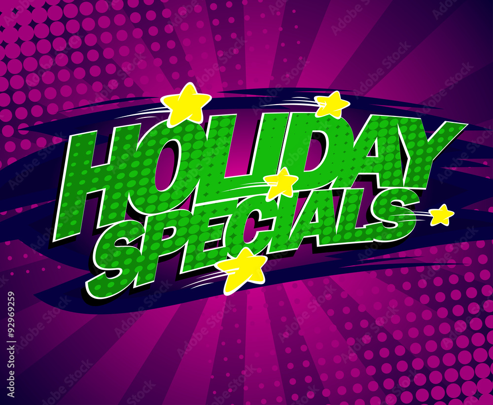 Holiday specials banner, comic style.