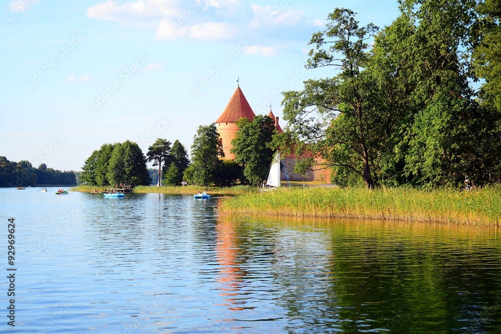 Galves lake,Trakai old red bricks castle view Galves lake,Trakai old red bricks castle view