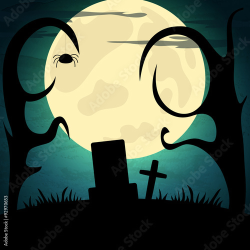 Halloween vector illustration with moon and dark landscape