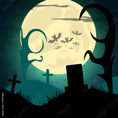 Halloween vector illustration with moon and dark landscape