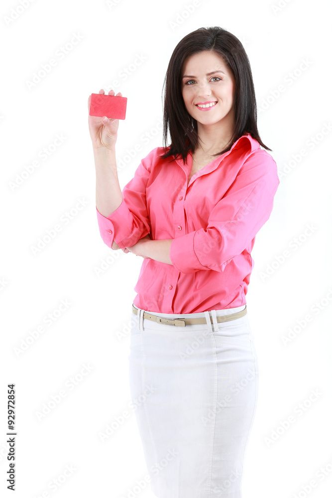 Beautiful smiling business woman showing red card in hand Beautiful smiling business woman showing red card in hand