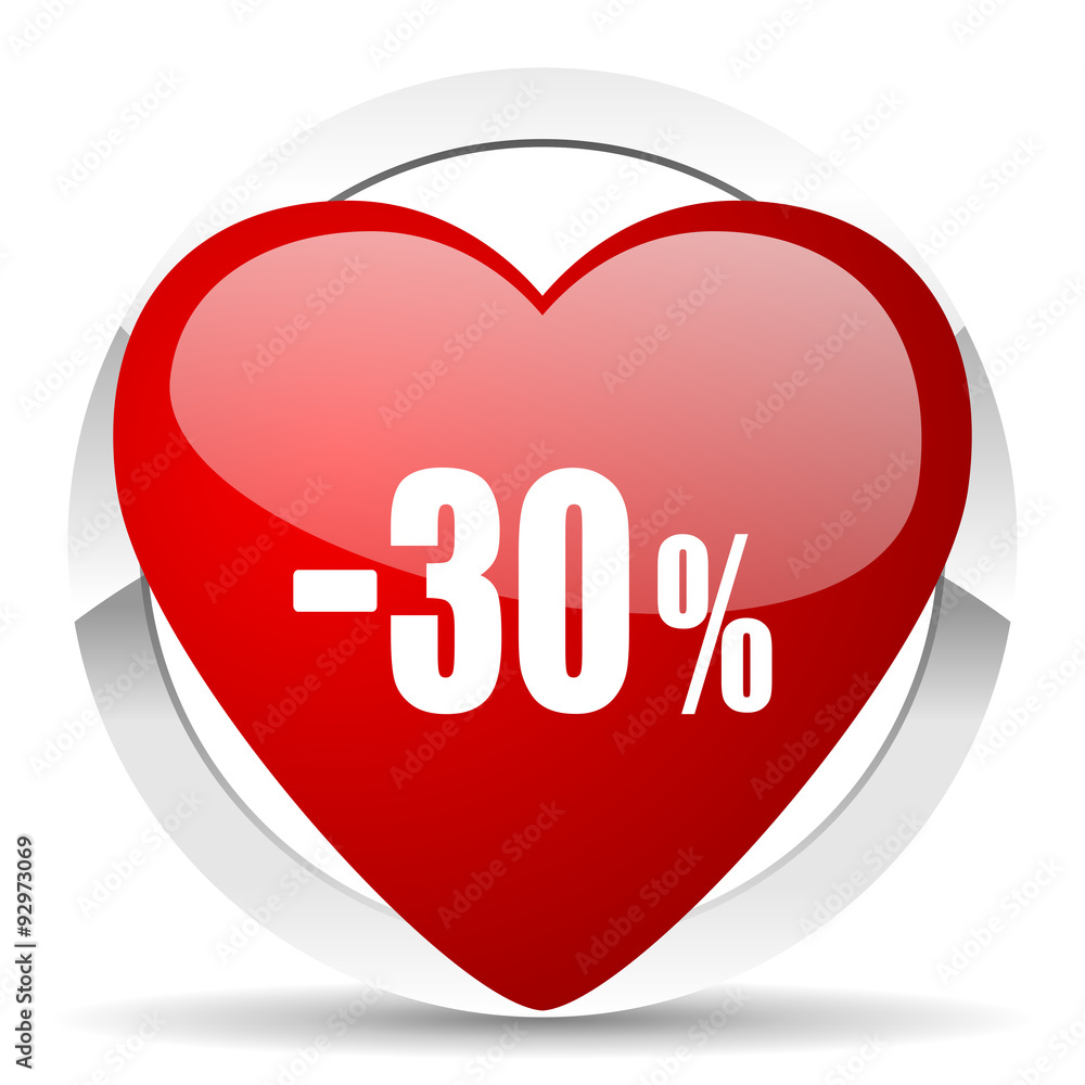 30 percent sale retail red heart valentine icon on white background