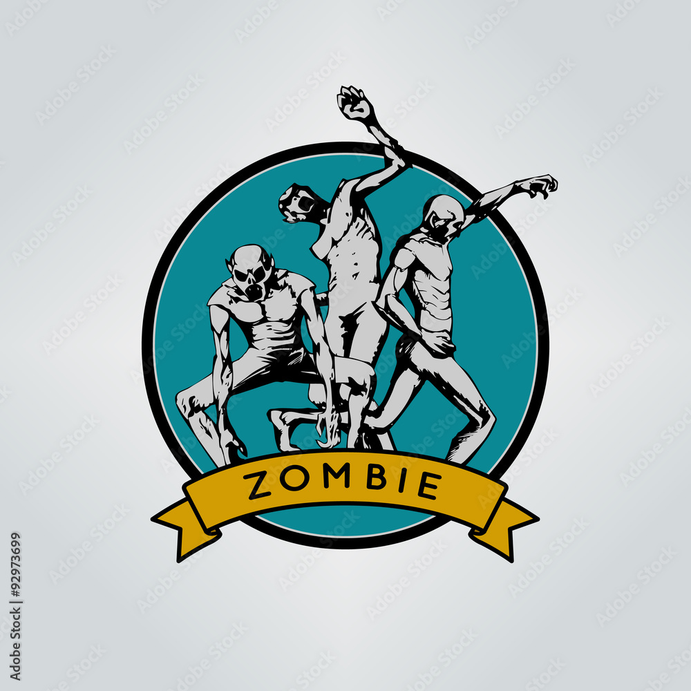Zombie sticker, composition sign, icon, logo element, label. Vector illustration of zombies in different poses with ribbon for custom text. Isolated. Zombie sticker, composition sign, icon, logo element, label. Vector illustration of zombies in different poses with ribbon for custom text. Isolated.