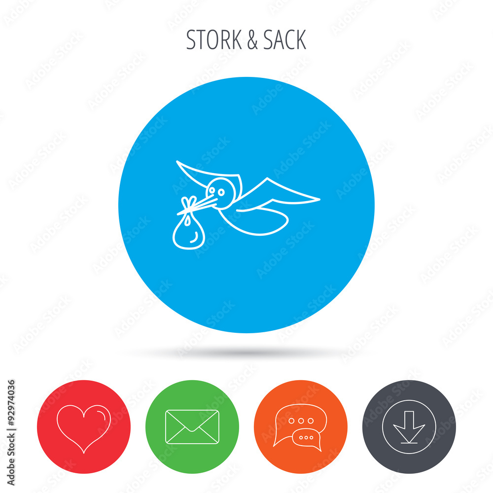 Stork with sack icon. Newborn baby symbol.