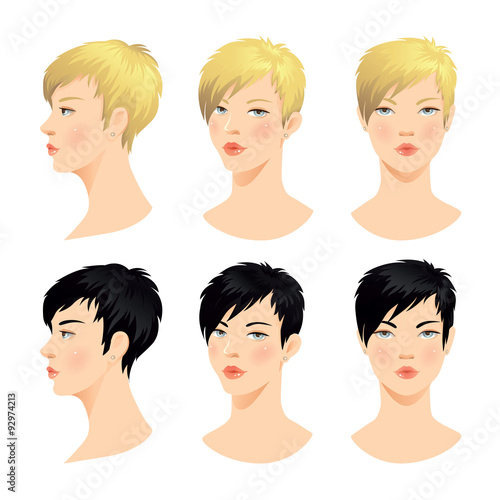 Vector set of beautiful woman face. Various color of short haircuts. Various turns head. Face in front. Face in profile. Blond hair, black hair