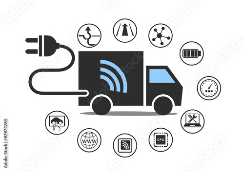 Electric truck symbol with power plug and various icons. Vector illustration.