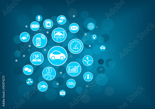 Disruptive technology for connected and autonomously driving car. Sensors, connected devices vector illustration.