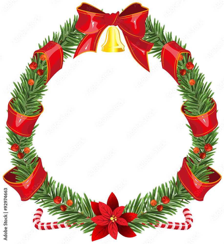 Christmas fir wreath with red ribbon and bell Christmas fir wreath with red ribbon and bell
