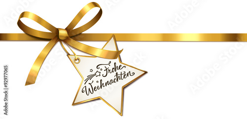 Goldene Schleife mit Stern-Etikett - Frohe Weihnachten