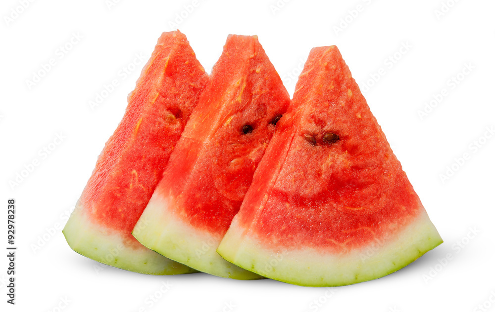 In front threel slices of watermelon stacked ladder