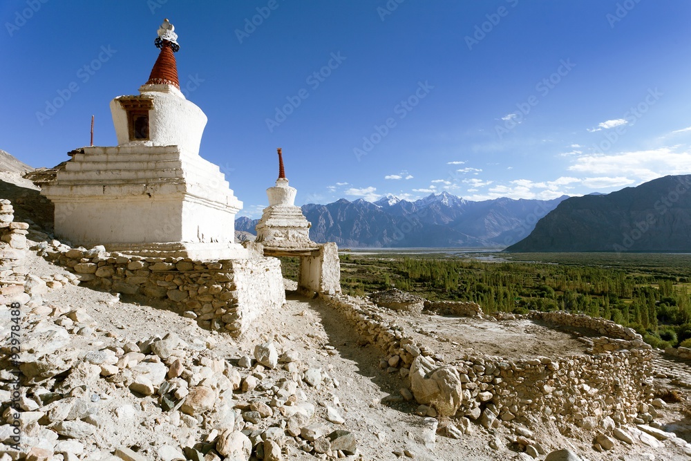 View of buddhist stupas in Nubra valley, Ladakh