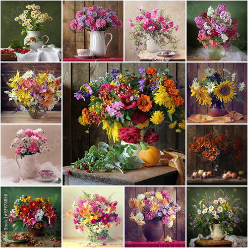 Collage from still lifes with bouquets