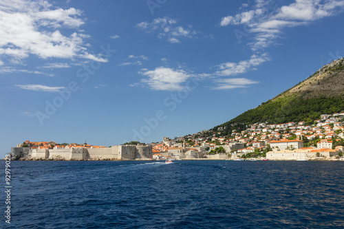 View of the City Walls, city of Dubrovnik and Mount Srd from the sea in Croatia. Copy space. © tuomaslehtinen