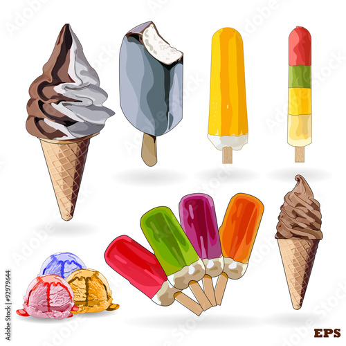 Set of ice-creams and popsicles.