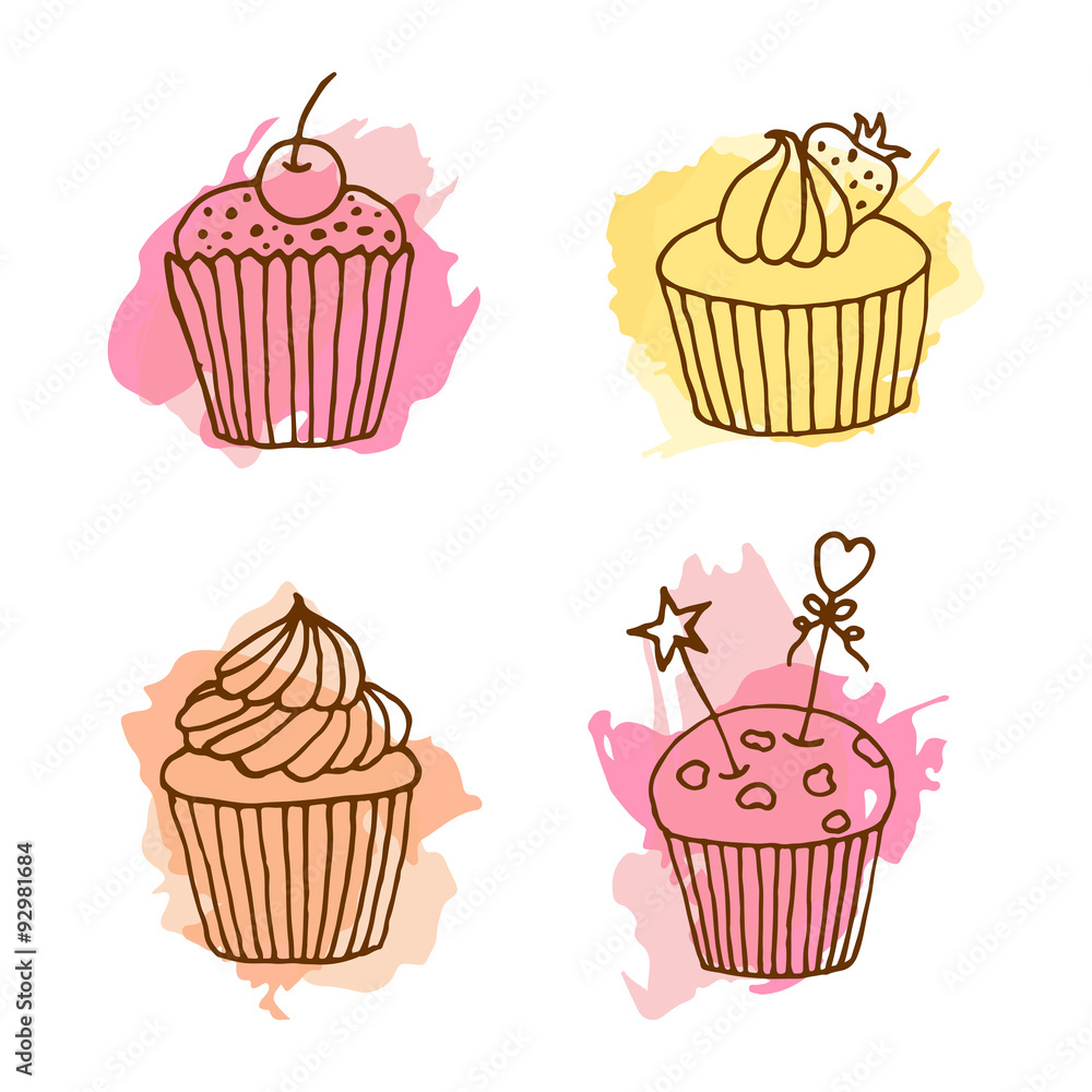 Vector cupcake illustration. Set of 4 hand drawn cupcakes with colorful splashes. Vector cupcake illustration. Set of 4 hand drawn cupcakes with colorful splashes.