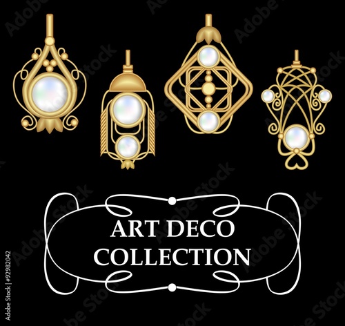 Collection of elegant gold earrings with pearls art deco. Symmetric classic design, jewel for festive occasions.