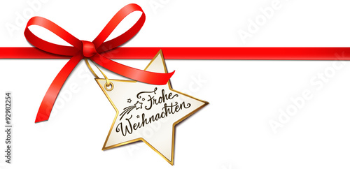 Rote Schleife mit Stern-Etikett - Frohe Weihnachten