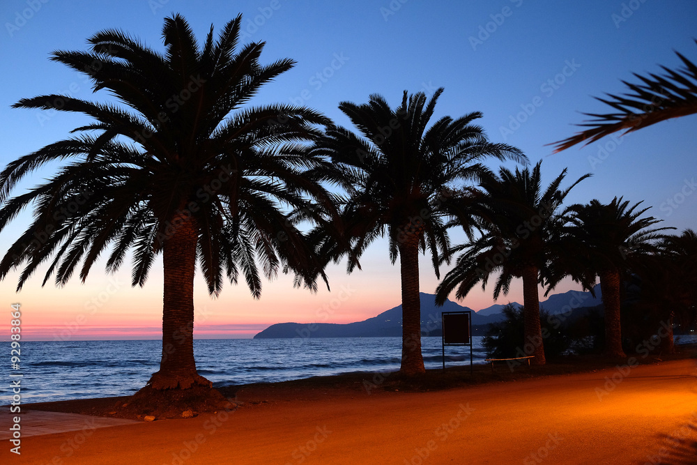 Night landscape with the image of adriatic bay in Bar, Montenegro