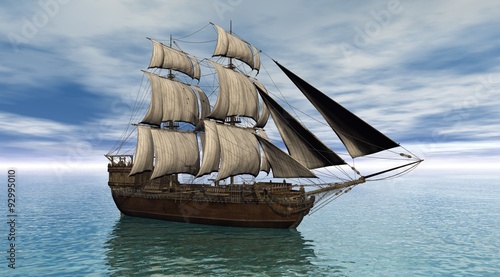 Sailing ship on a calm ocean, 3d digitally rendered illustration