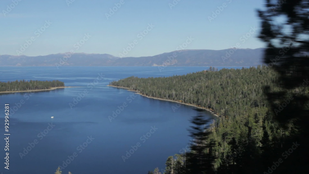 Emerald Bay, Lake Tahoe, California, as seen from a moving vehicle. Emerald Bay, Lake Tahoe, California, as seen from a moving vehicle.