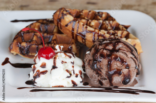 Sweets, waffles and ice cream.