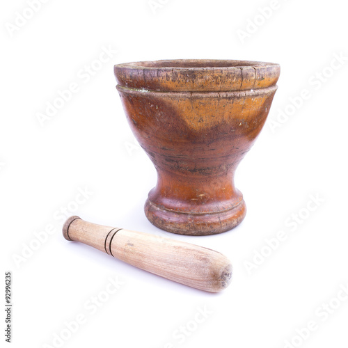 Fotografiet wooden mortar and pestle isolated on white background