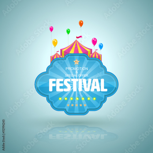 Promotion banner with circus tent and balloon. Vector illustration.