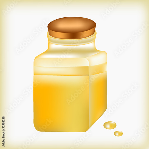 Oil small bottle, liquid of yellow color, drop golden, a stopper from a bottle, capacity with oil, essential oil, oily liquid, container with olive oil, medicine yellow, substance in glass