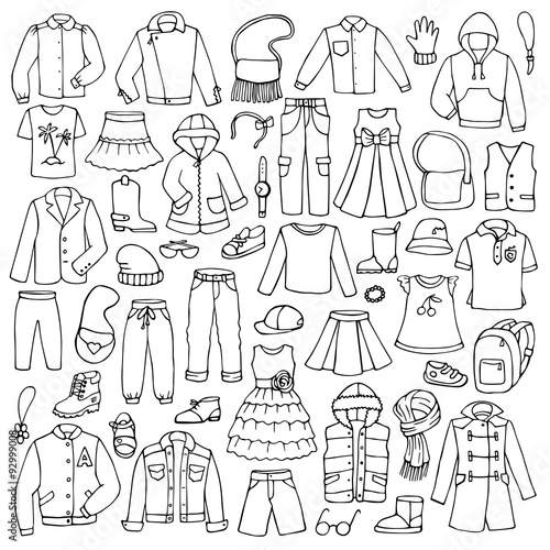 Hand drawn doodle set with childish clothes