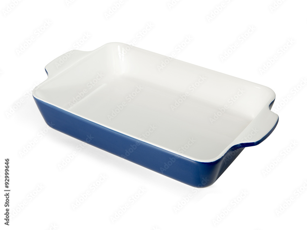 Empty Ceramic blue Baking Casserole Dish isolated on white Backg Empty Ceramic blue Baking Casserole Dish isolated on white Backg