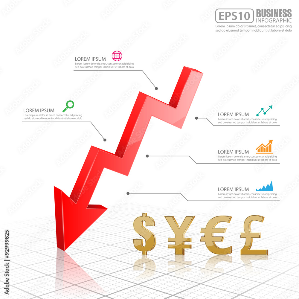 Red Arrow down with currency symbols. dollar, yen, euro, pound sterling ...