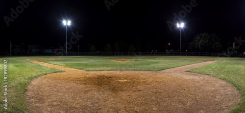 Panorama of empty baseball field at night from behind home pate