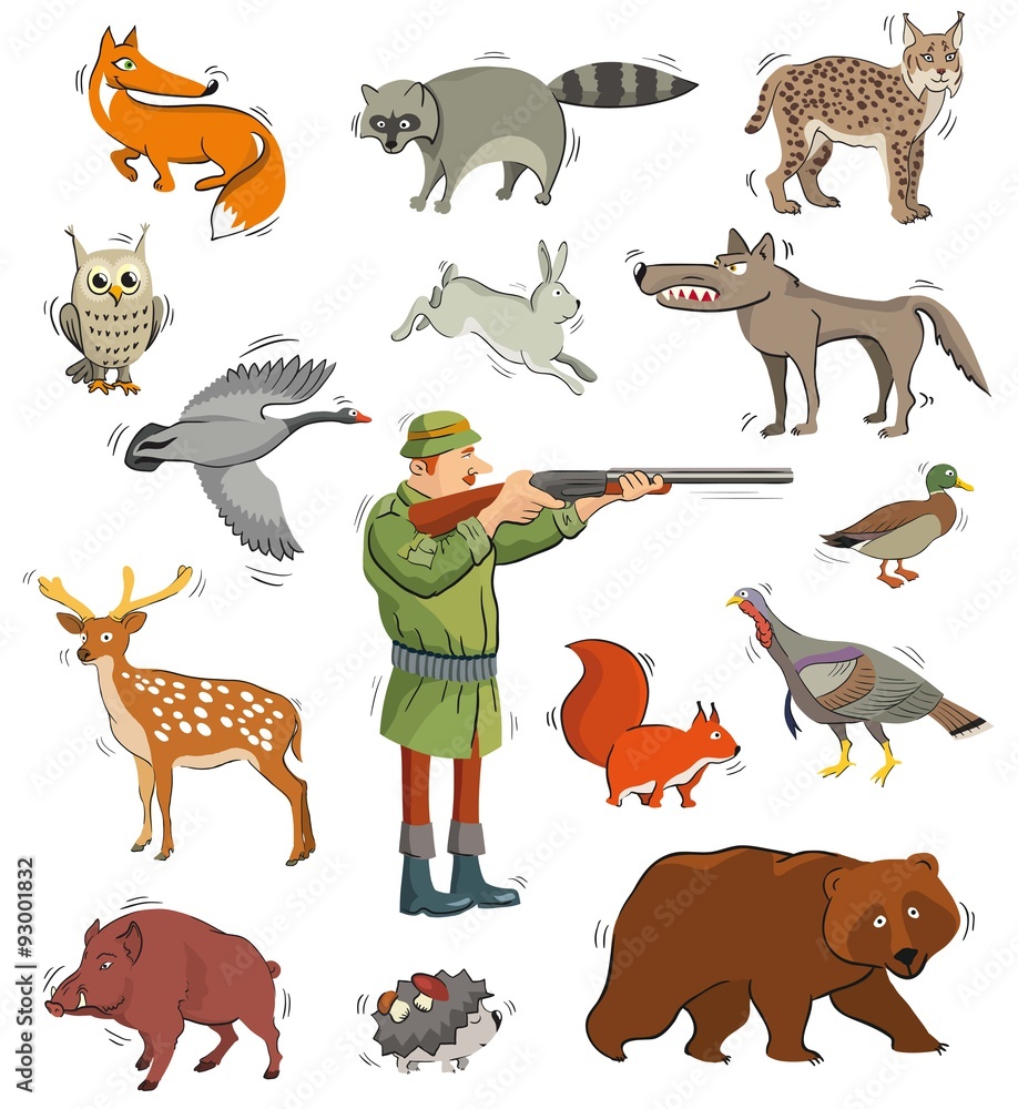 hunter and wild animals Stock Vector | Adobe Stock