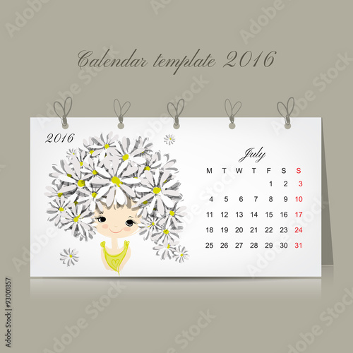 Calendar 2016, july month. Season girls design