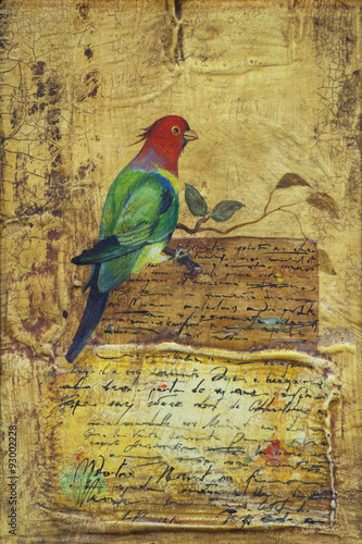 Канарейка, попугай на веточке в средневековом стиле.