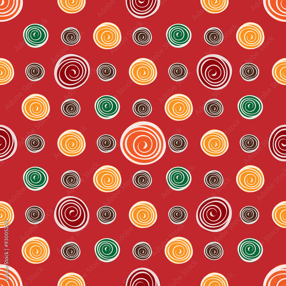 Red flower yellow green circles on red seamless pattern backgrou