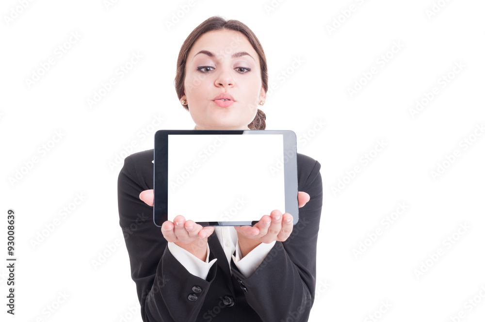 Attractive businesswoman showing tablet with blank display isola Attractive businesswoman showing tablet with blank display isola