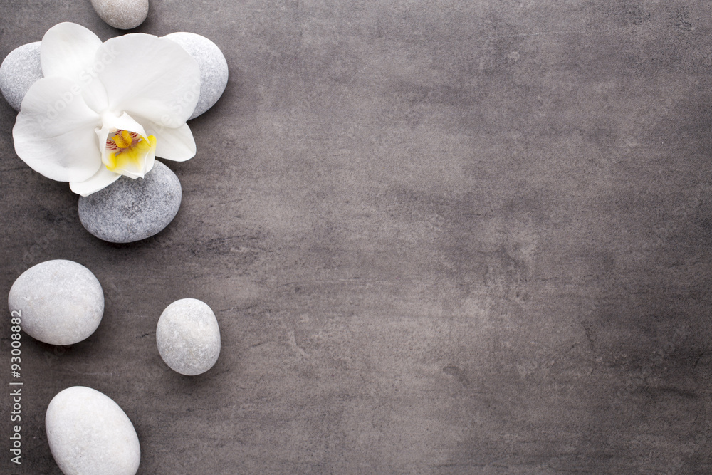 White orchid and spa stones on the grey background. White orchid and spa stones on the grey background.