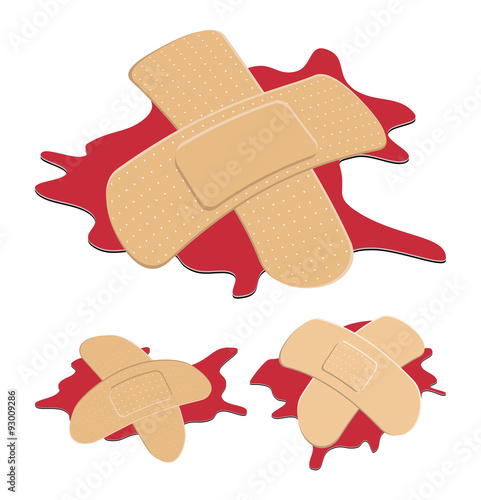 Set of Adhesive, flexible, fabric plaster with red  blood puddle. Medical bandage in different shape - curved cross. Vector illustration isolated on white background.