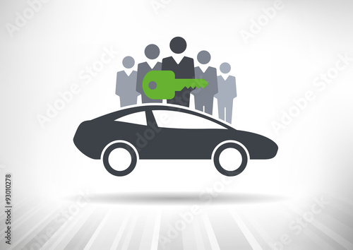 Car Sharing. Group of people with shared key behind car