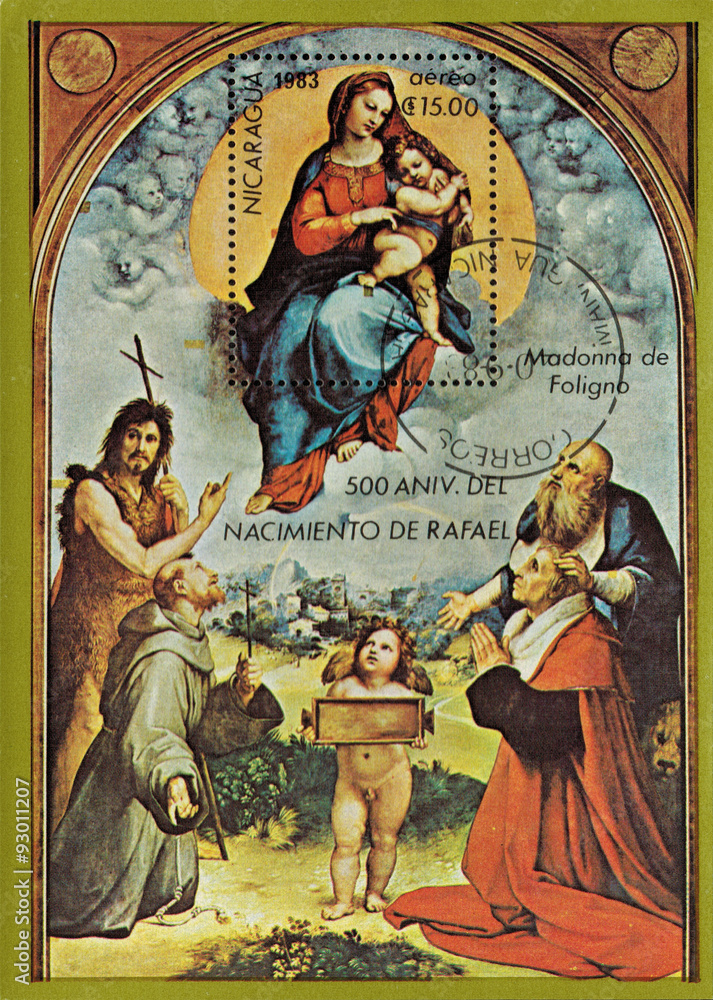 Nicaragua - CIRCA 1983: mail stamp printed in Nicaragua featuring 500 years since the birth of Raphael. Painting reproduction of Raphael Sanzio 