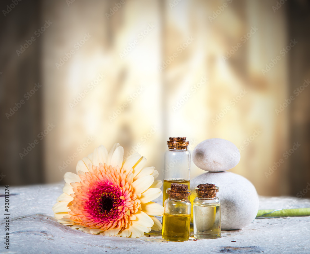 Spa concept, still life with aromatic candles and flower Spa concept, still life with aromatic candles and flower