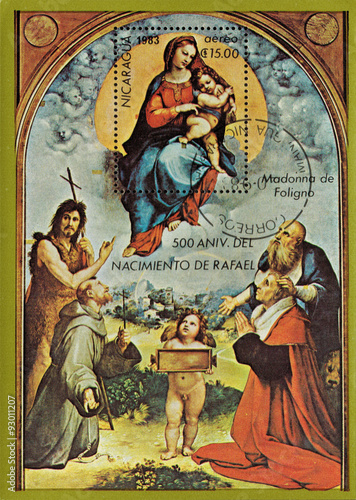 Nicaragua - CIRCA 1983: mail stamp printed in Nicaragua featuring 500 years since the birth of Raphael. Painting reproduction of Raphael Sanzio "Madonna of Foligno", circa 1983