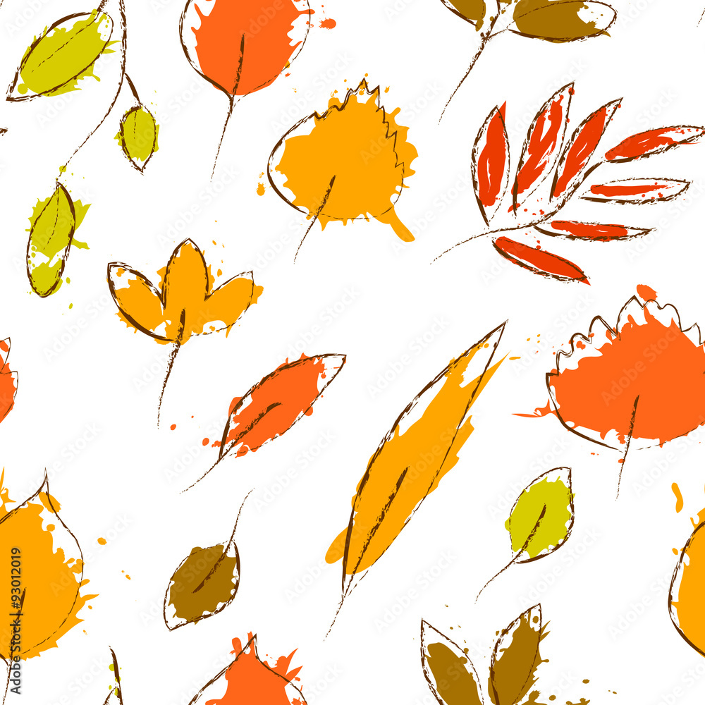 Colorful autumn leaves on white grunge seamless pattern, vector Colorful autumn leaves on white grunge seamless pattern, vector