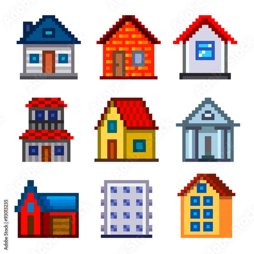 Pixel houses for games icons vector set